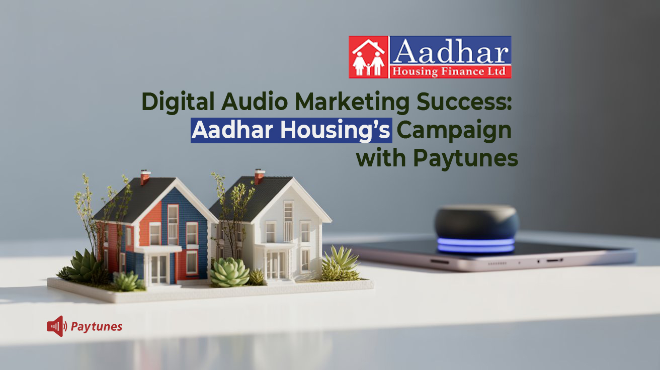 Aadhar Housing × Paytunes digital audio campaign banner—miniature houses on a desk with smart speaker and headline about audio marketing success.