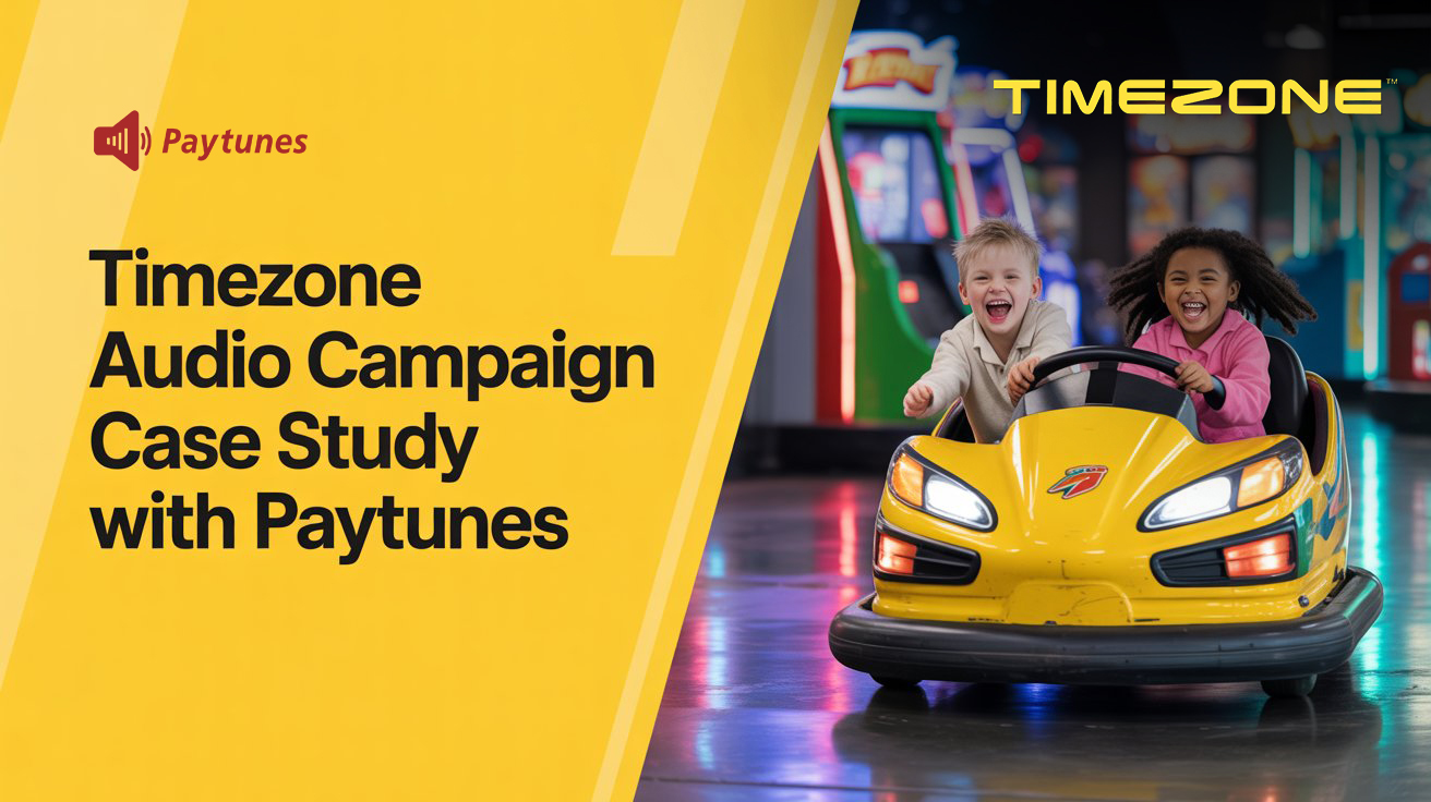 Timezone audio campaign case study with Paytunes showing children enjoying arcade gaming, representing high-attention digital audio advertising across Indian metros.