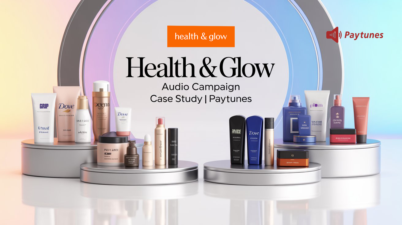 Health & Glow audio campaign case study banner showcasing beauty products and Paytunes digital audio advertising
