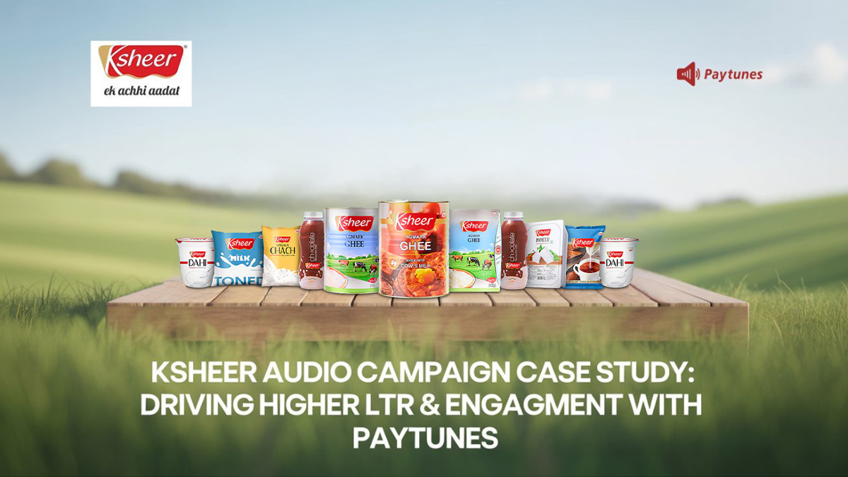 Ksheer digital audio campaign case study banner showcasing dairy products and Paytunes branding