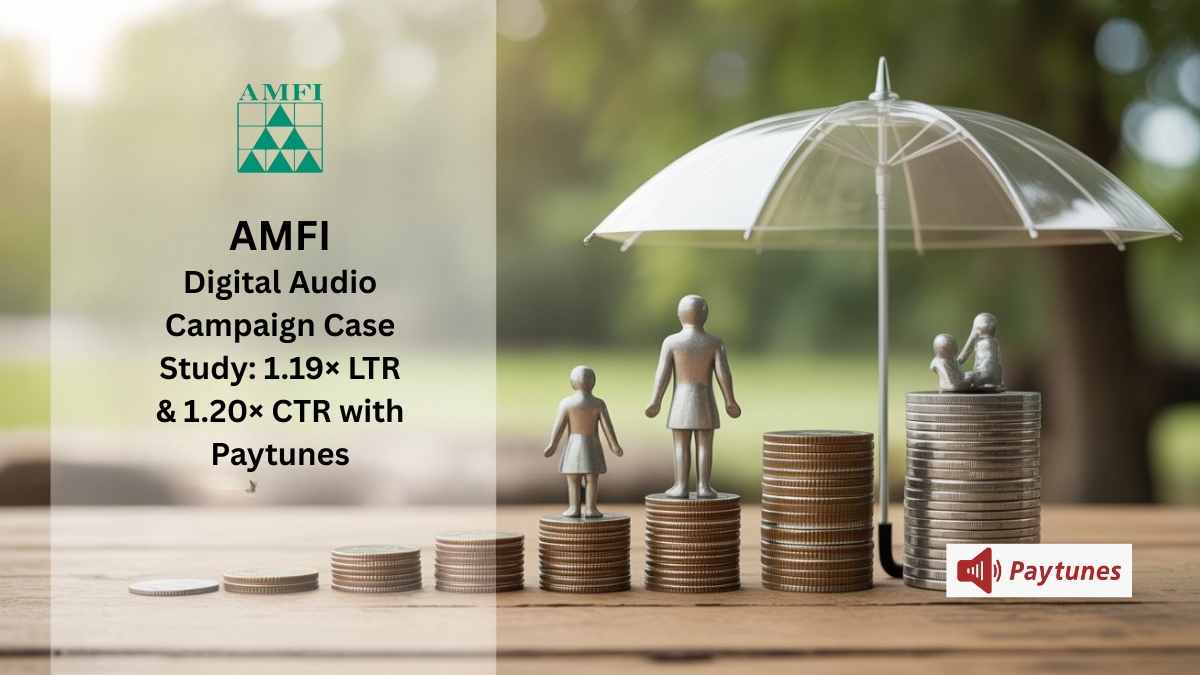 AMFI digital audio campaign case study banner showing financial growth concept with coins, family figures under an umbrella and Paytunes branding.