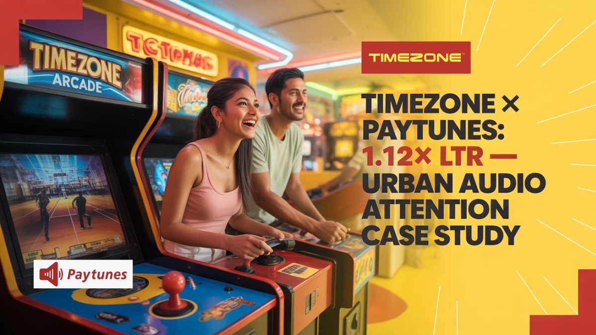 Timezone arcade gaming campaign visual promoting Paytunes digital audio ads achieving 1.12× listen-through rate across urban metro audiences.
