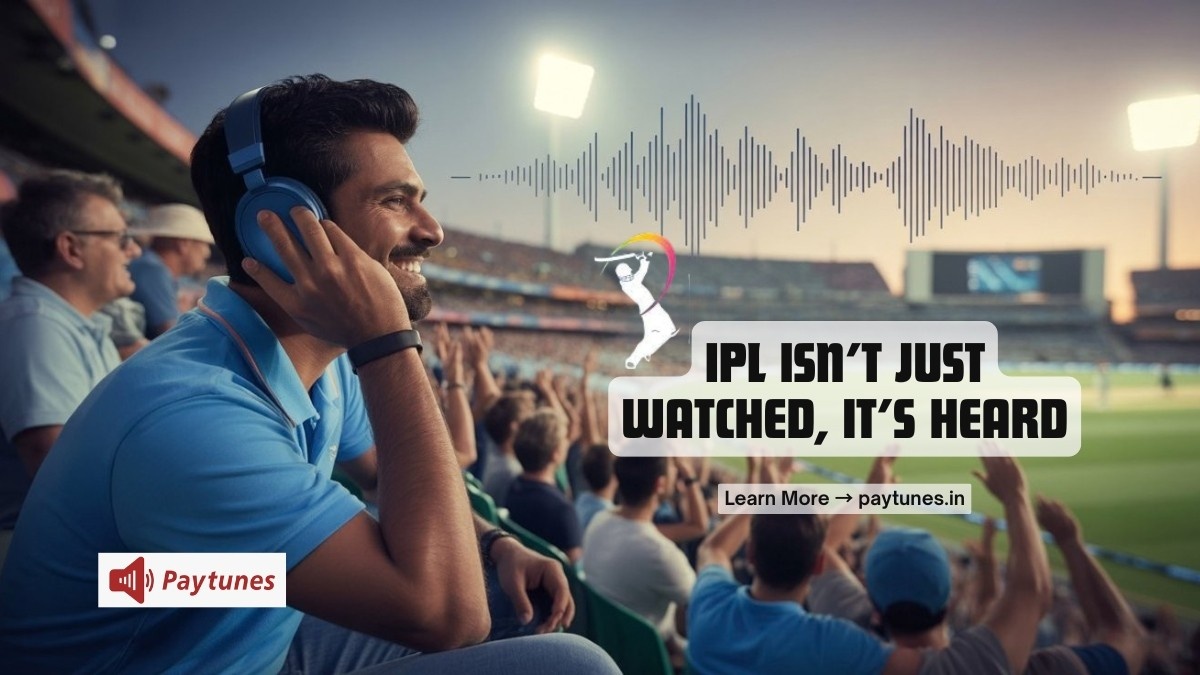 Man wearing blue headphones smiling in a cricket stadium with sound wave graphics and text IPL Isn't Just Watched It's Heard with Paytunes logo