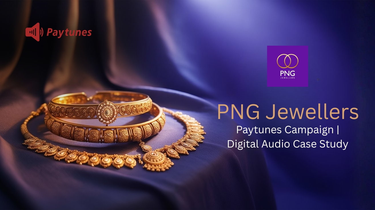 PNG Jewellers Paytunes campaign banner featuring gold jewellery on navy silk with both brand logos