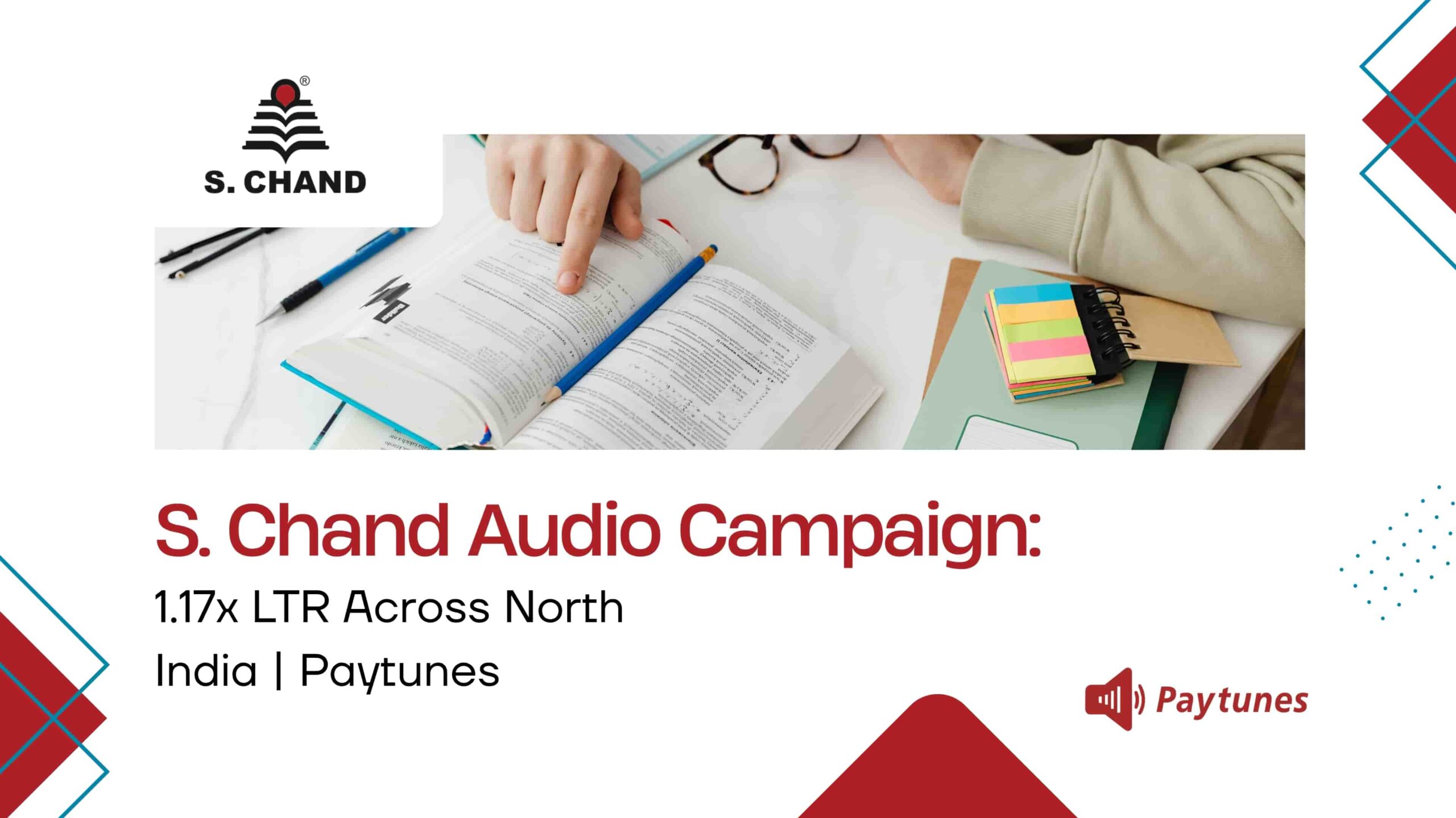 S. Chand audio campaign case study banner highlighting 1.17x LTR across North India with Paytunes.