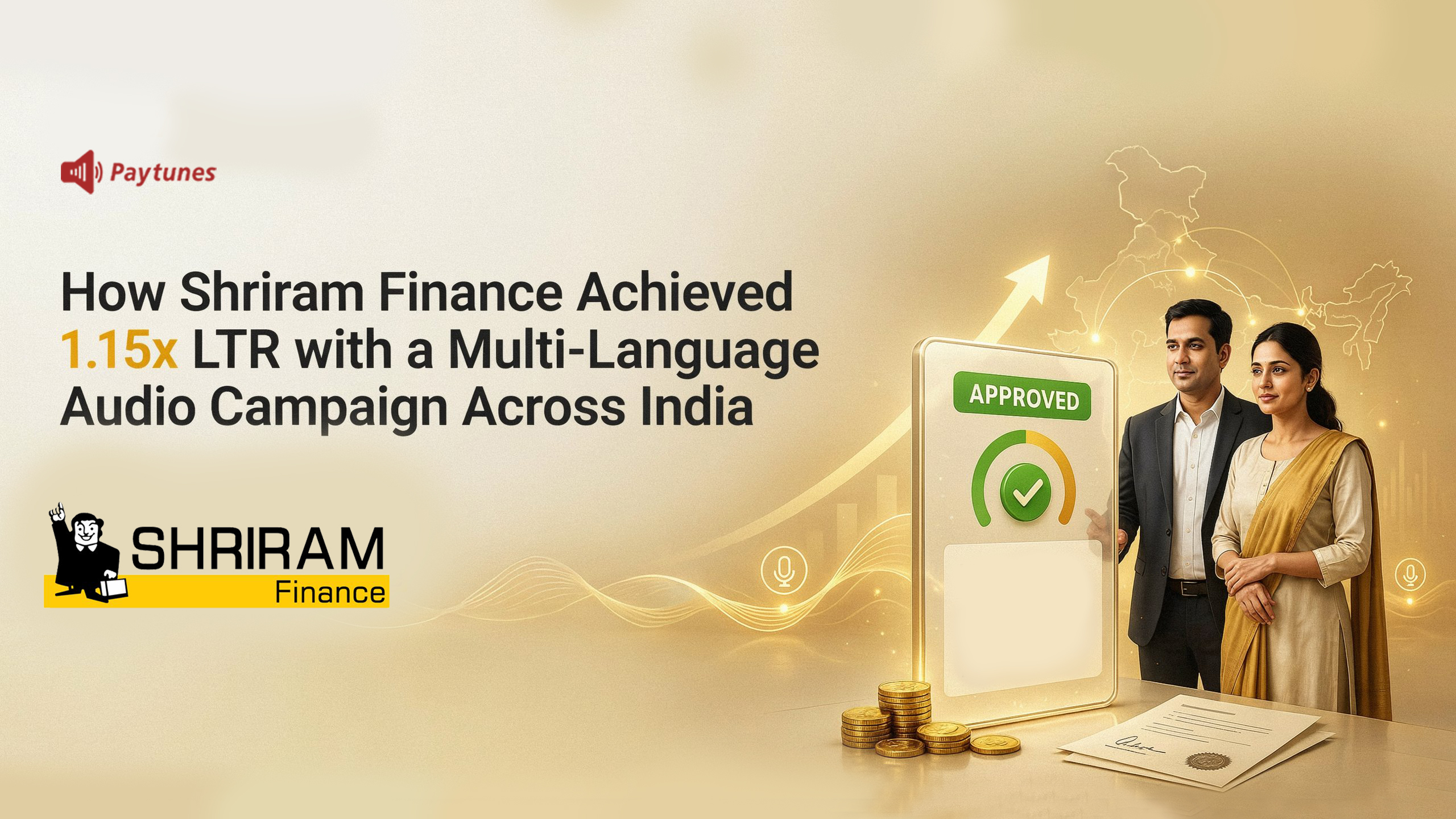 Shriram Finance Saarthi Loan audio campaign case study highlighting 1.15x LTR uplift through multi-language digital audio advertising across India.