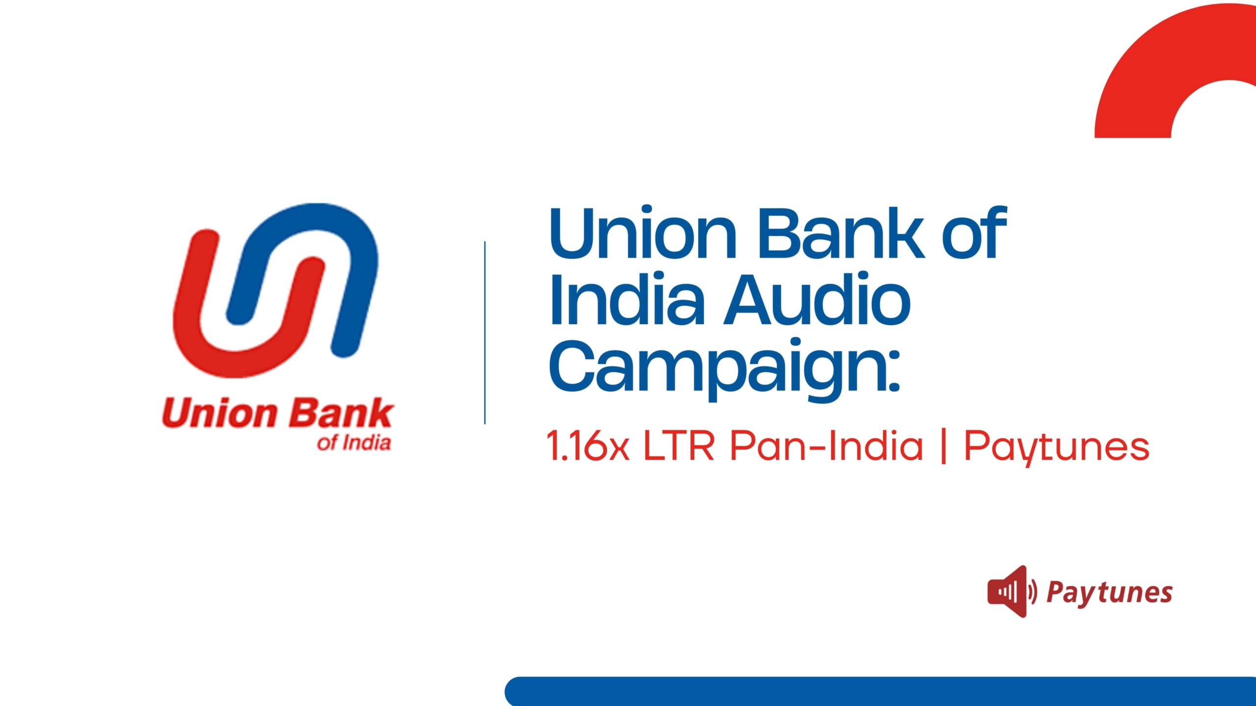 Union Bank of India streaming audio ads campaign banner highlighting 1.16x LTR uplift with Paytunes.