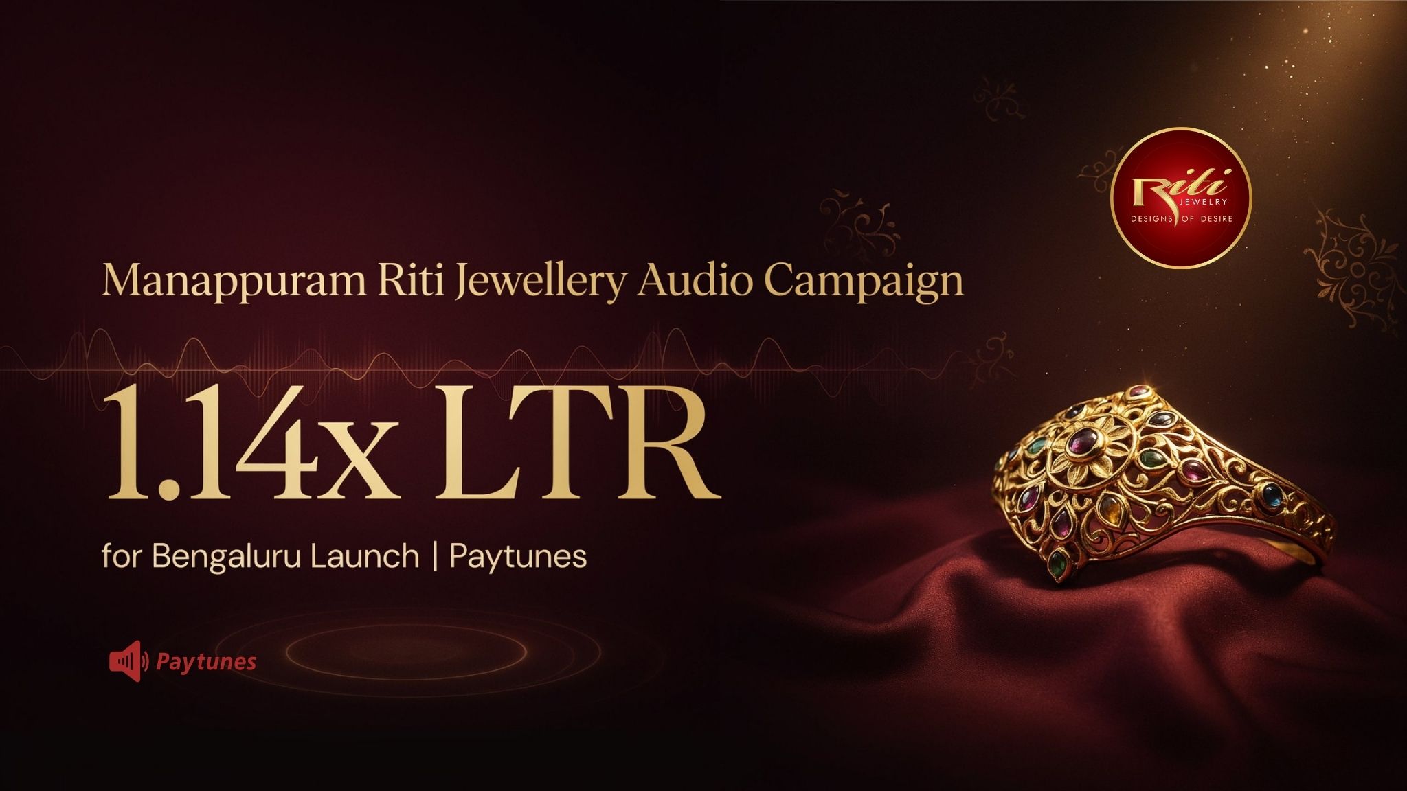Manappuram Riti Jewellery audio campaign banner with Paytunes, showing a gold ring and 1.14x LTR for the Bengaluru launch