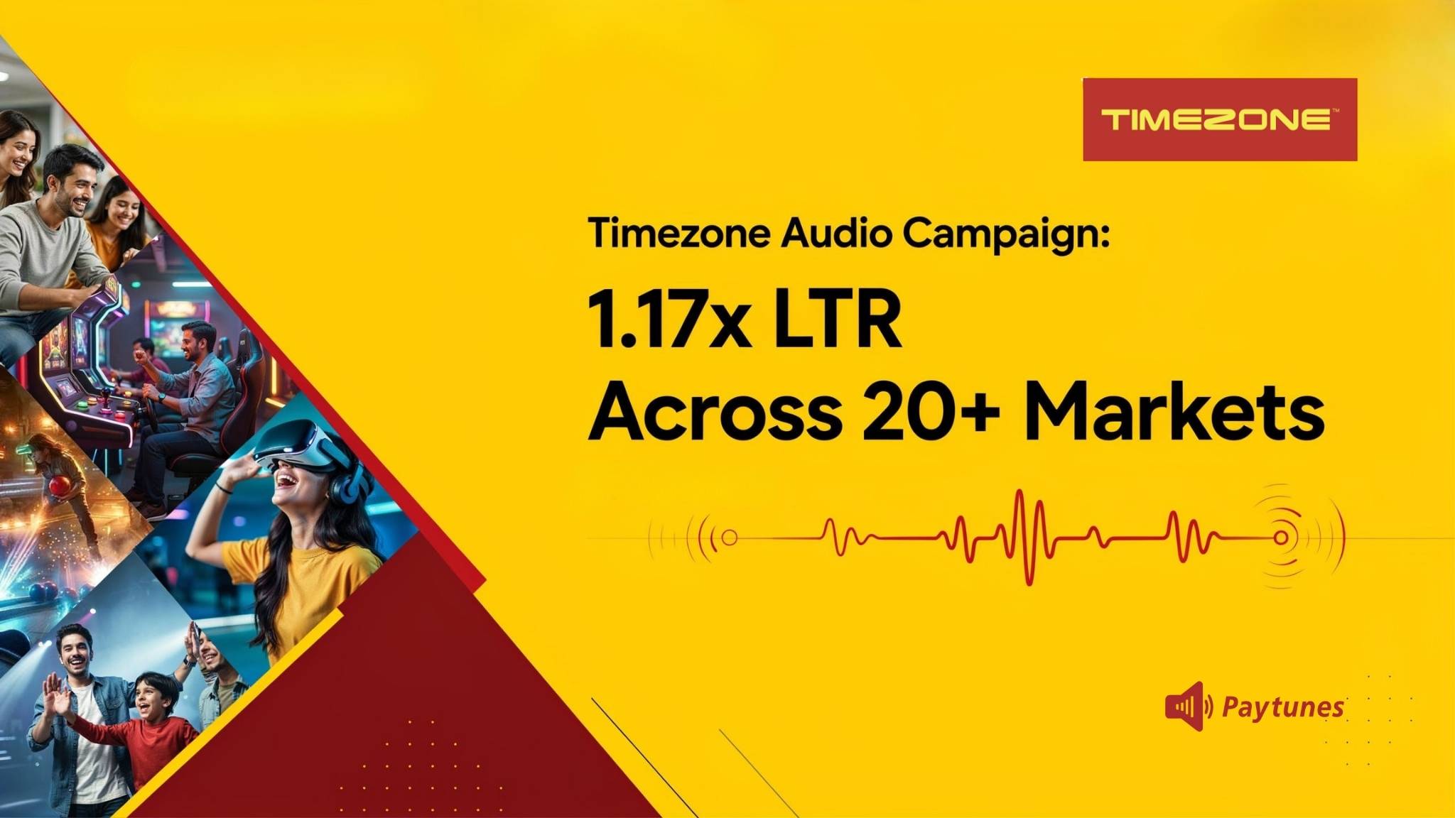 Timezone Super Double Dollar Deal audio campaign banner with Paytunes, showing families gaming and 1.17x LTR across 20+ markets
