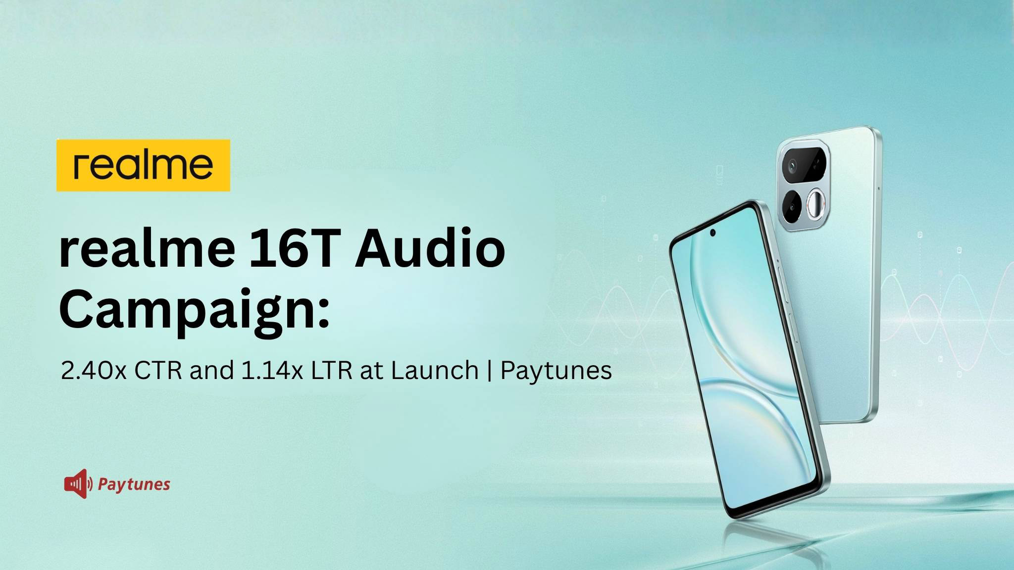 realme 16T audio campaign banner with Paytunes, showing the 16T smartphone and 2.40x CTR and 1.14x LTR at launch