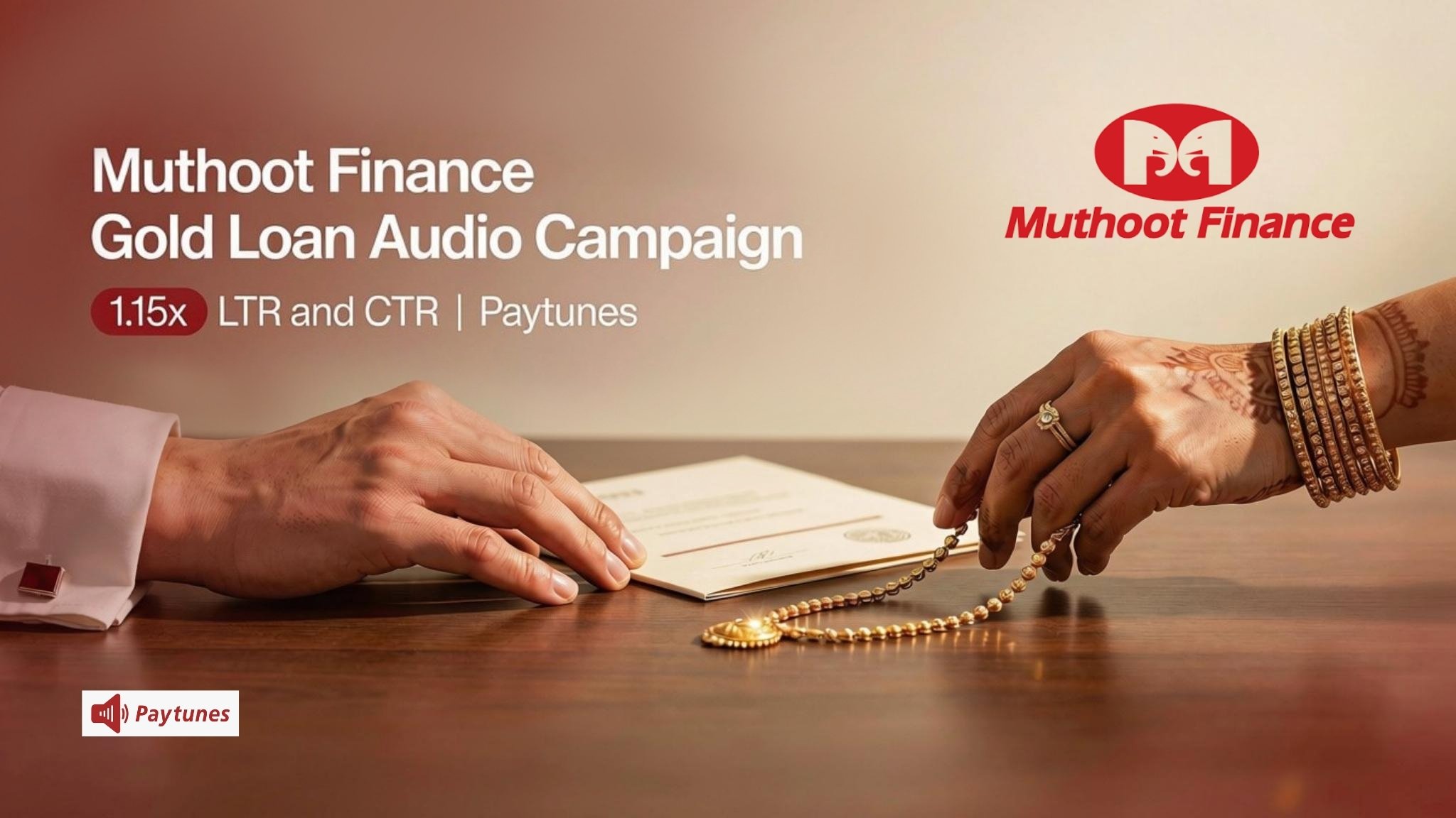 Muthoot Finance gold loan audio campaign banner with Paytunes, showing a gold chain handover and 1.15x LTR and CTR